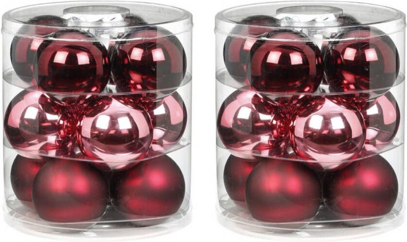 Merkloos Tube met 24x roze rode kerstballen van glas 8 cm glans en mat Kerstbal