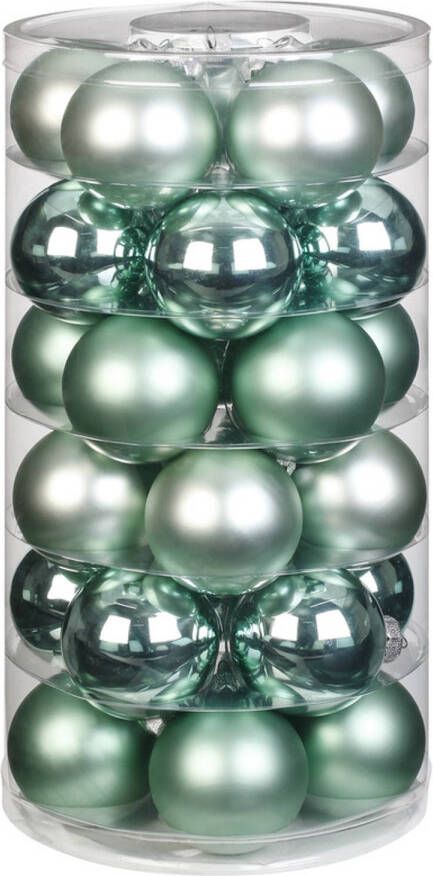 Merkloos Tube met 30 mint groene kerstballen van glas 6 cm glans en mat Kerstbal