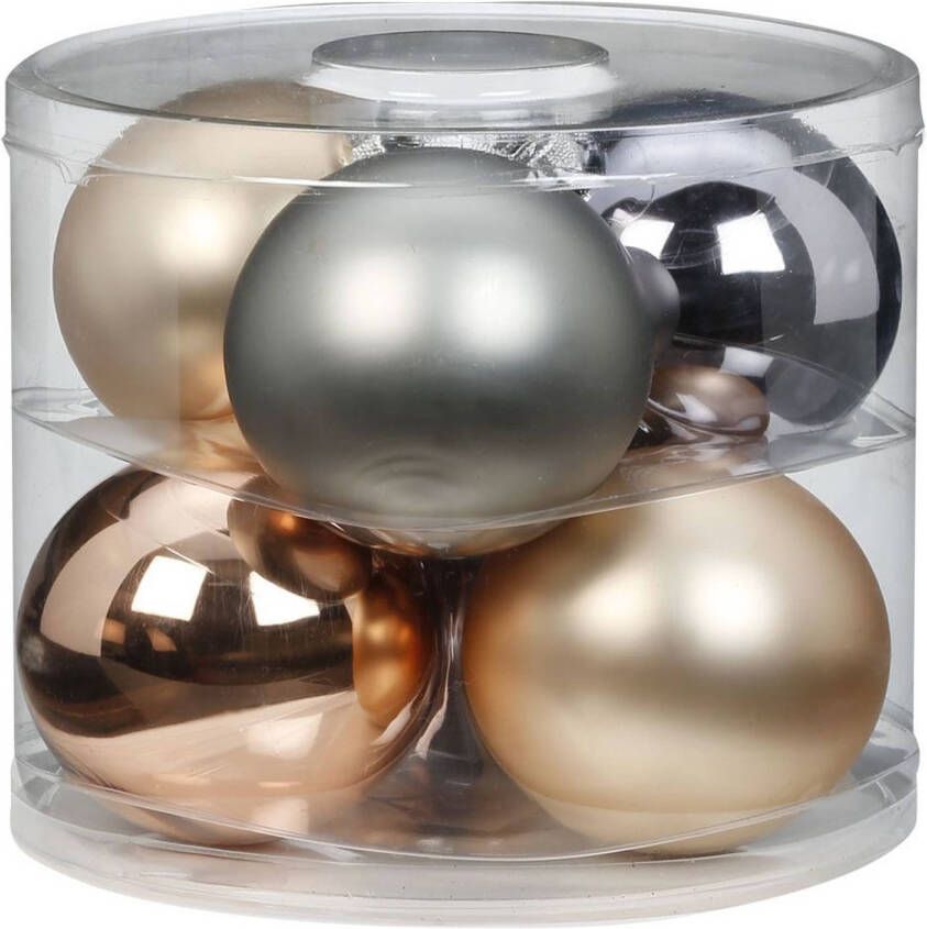 Merkloos Tube met 6x champagne zilveren kerstballen van glas 10 cm glans en mat Kerstbal