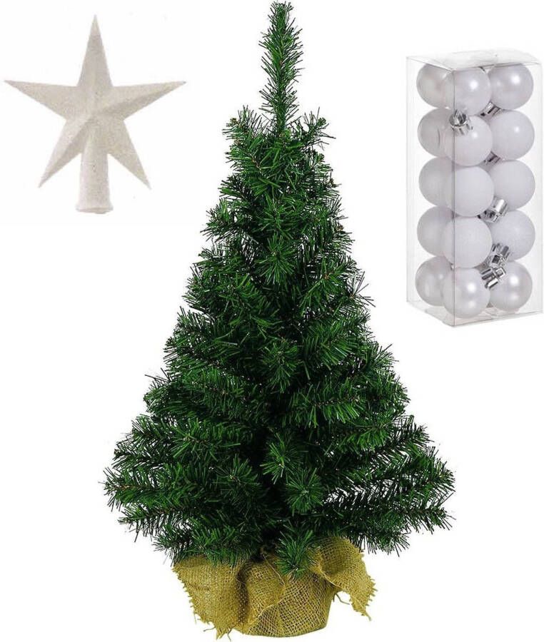 Merkloos Volle kunst kerstboom 35 cm in jute zak inclusief witte versiering 21-delig Kunstkerstboom
