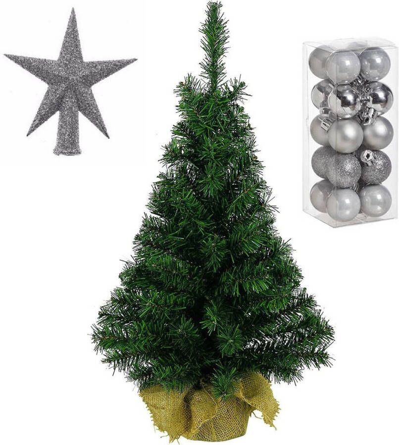 Merkloos Volle kunst kerstboom 35 cm in jute zak inclusief zilveren versiering 21-delig Kunstkerstboom