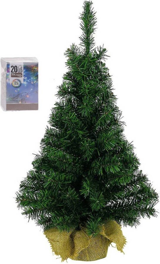 Merkloos Volle kunst kerstboom 45 cm in jute zak inclusief 20 gekleurde lampjes Kunstkerstboom