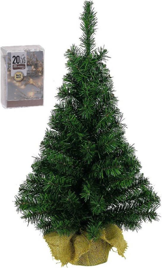 Merkloos Volle kunst kerstboom 45 cm in jute zak inclusief 20 warm witte lampjes Kunstkerstboom