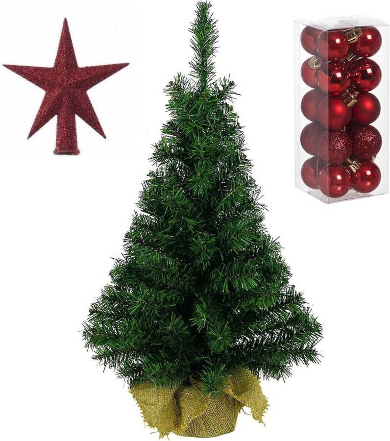 Merkloos Volle kunst kerstboom 45 cm in jute zak inclusief rode versiering 21-delig Kunstkerstboom