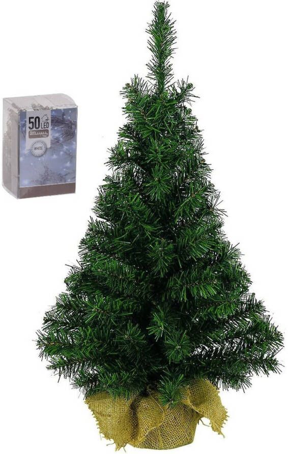 Merkloos Volle kunst kerstboom 75 cm in jute zak inclusief 50 helder witte lampjes Kunstkerstboom