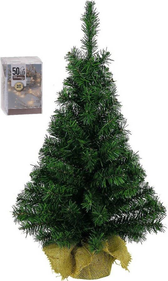 Merkloos Volle kunst kerstboom 75 cm in jute zak inclusief 50 warm witte lampjes Kunstkerstboom