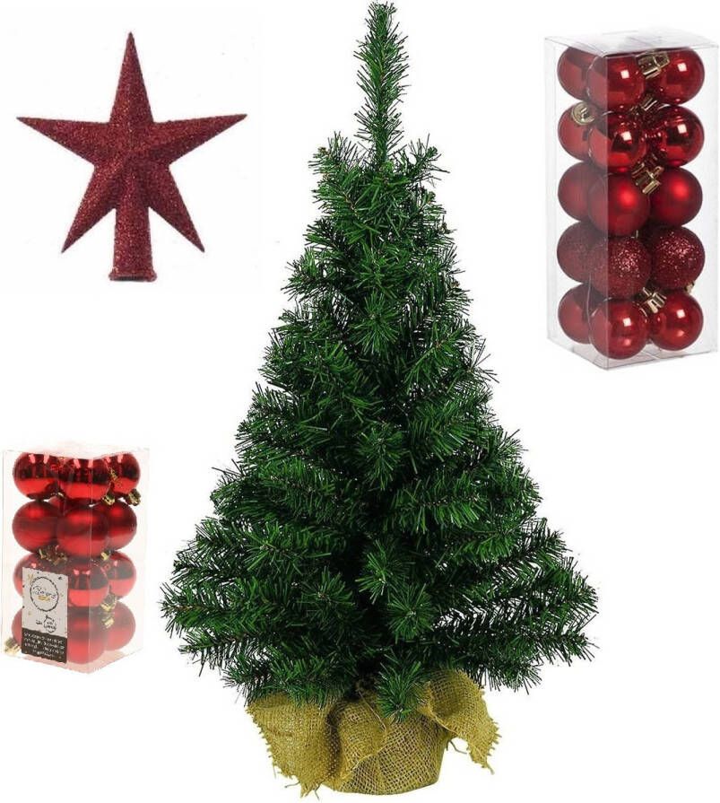 Merkloos Volle kunst kerstboom 75 cm in jute zak inclusief rode versiering 37-delig Kunstkerstboom