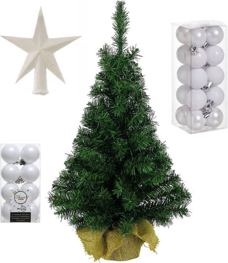 Merkloos Volle kunst kerstboom 75 cm in jute zak inclusief witte versiering 37-delig Kunstkerstboom