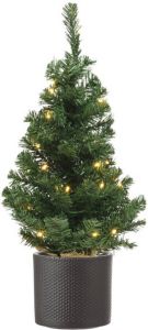 Merkloos Volle mini kerstboom groen in jute zak met verlichting 60 cm en donkergrijze pot Kunstkerstboom