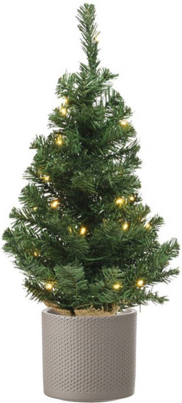 Merkloos Volle mini kerstboom groen in jute zak met verlichting 60 cm en taupe pot Kunstkerstboom