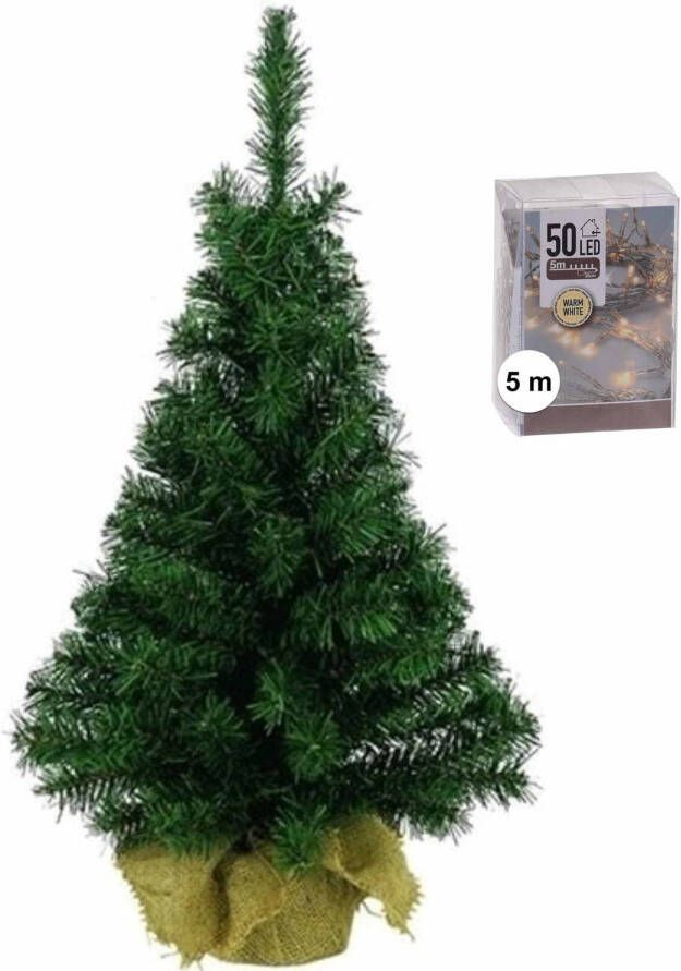 Merkloos Volle mini kerstboom kunstboom groen 45 cm inclusief warm witte kerstverlichting Kunstkerstboom