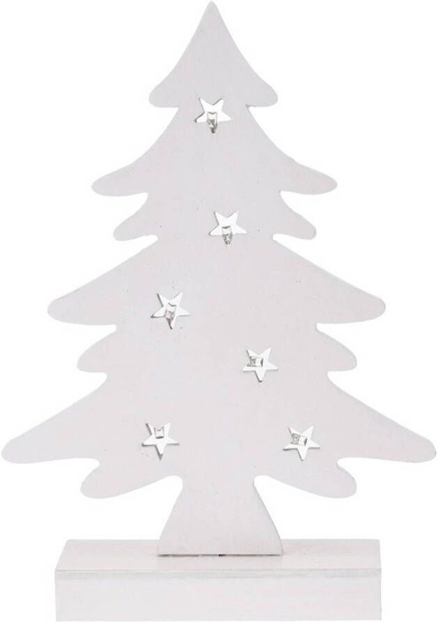Merkloos Kerstdecoratie kerstboom wit hout 28 cm met LED lampjes Houten kerstbomen