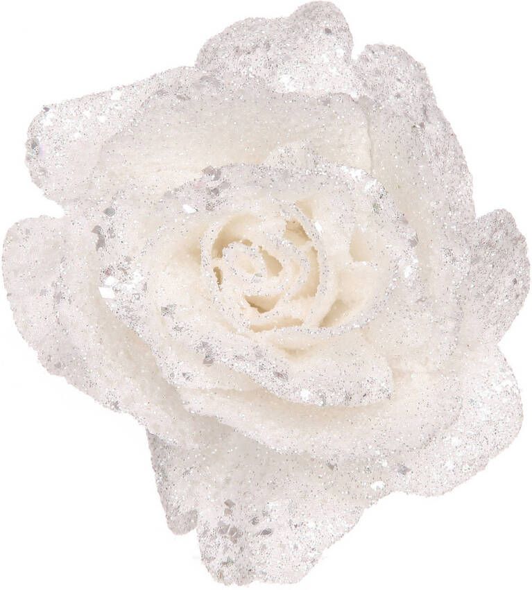 Merkloos Witte decoratie rozen glitters op clip 10 cm Feestdecoratievoorwerp