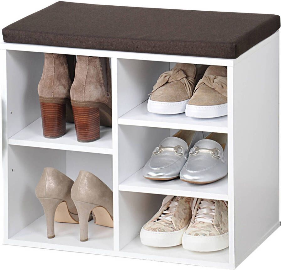 Kesper Wit houten bank schoenenkastje schoenrekje 29 x 48 x 51 cm met zitkussen Schoenenrekken