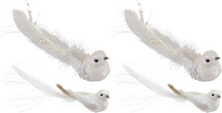 Merkloos Witte vogeltjes op clip decoratie 4 stuks Kersthangers