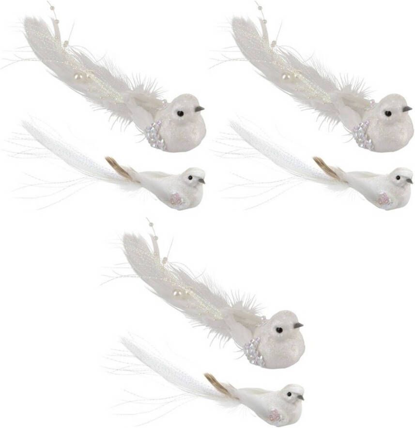 Merkloos Witte vogeltjes op clip decoratie 6 stuks Kersthangers