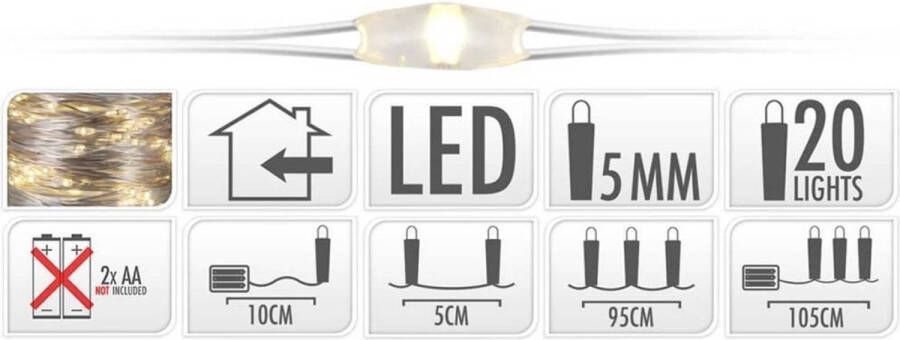 Merkloos Zilverdraad Kerstverlichting op Batterij 95cm 20 LED Lampjes