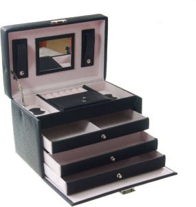 Merkloos Zwarte sieradenkoffer met lades en handvat 24 x 15.5 x 16 cm Sieradendoos juwelendoos Sieradenkist juwelenkist
