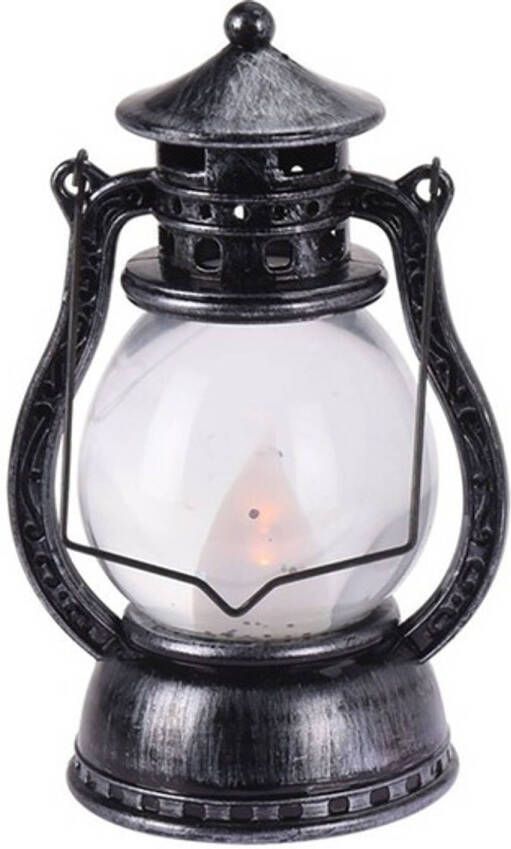 Merkloos Feestverlichting zwart grijs kunststof lantaarn 12 cm met vlam effect LED verlichting Lantaarns