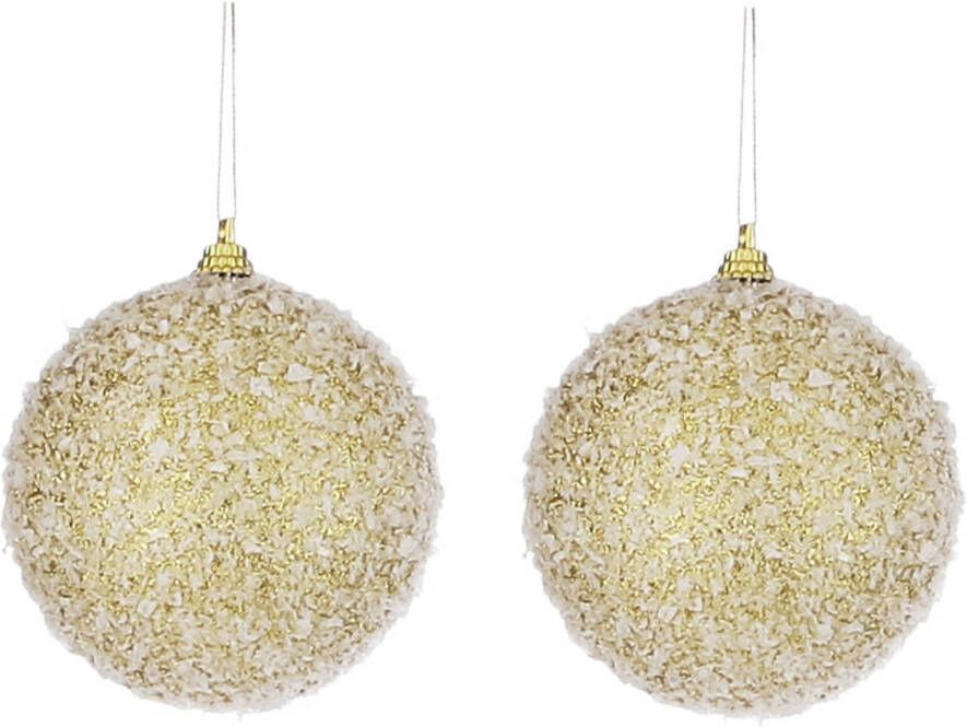 House of seasons 2x Gouden kunststof kerstballen met witte sneeuw afwerking 8 cm Kerstbal