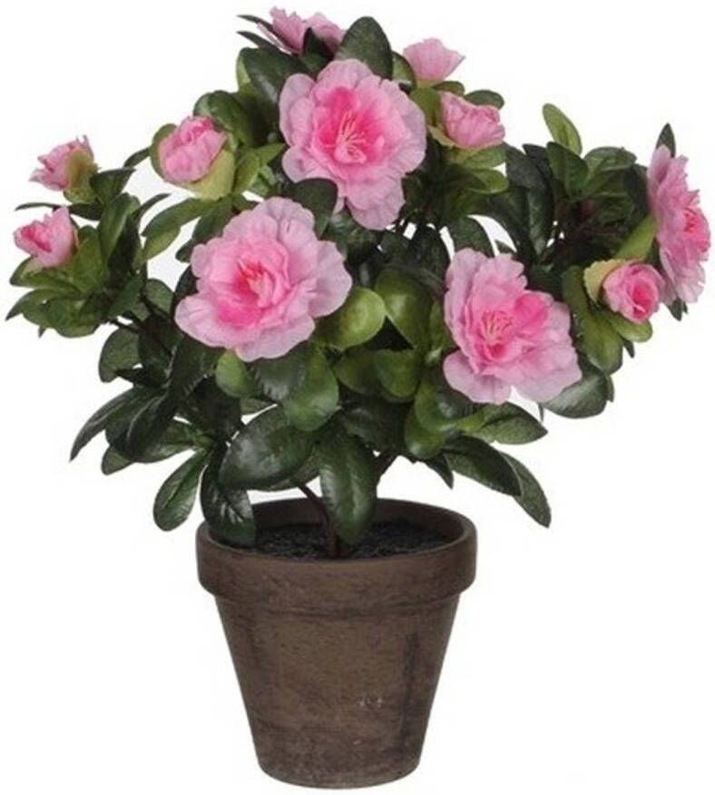 Mica Decorations 2x Groene Azalea kunstplant met roze bloemen 27 cm in pot stan grey Kunstplanten nepplanten Kunstplanten