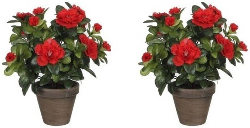 Mica Decorations 2x Groene Azalea kunstplanten met rode bloemen 27 cm met pot stan grey Kunstplanten