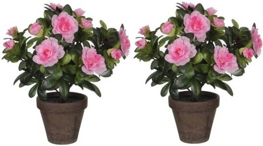 Mica Decorations 2x Groene Azalea kunstplanten met roze bloemen 27 cm in pot stan grey Kunstplanten nepplanten Kunstplanten