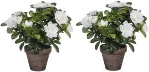 Mica Decorations 2x Groene Azalea kunstplanten witte bloemen 27 cm in pot stan grey Kunstplanten nepplanten Kunstplanten