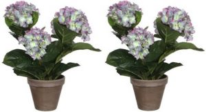 Mica Decorations 2x Groene Hortensia met paarse bloemen kunstplanten 40 cm in pot Kunstplanten nepplanten Kunstplanten