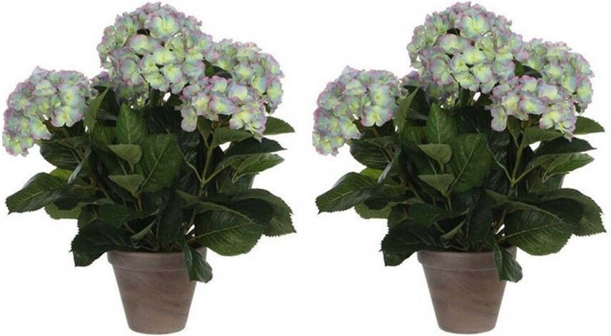 Mica Decorations 2x Groene paarse Hortensia kunstplanten 45 cm in pot Kunstplanten