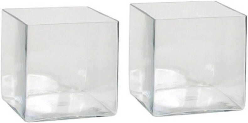 Mica Decorations 2x Lage vierkante vaas transparant glas 20 x 20 x 20 cm Accubak Glazen vazen Woonaccessoires Vazen