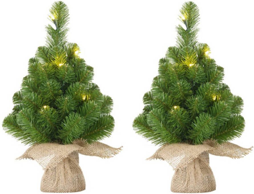 Mica Decorations 2x Mini kunst kerstboom met 10 LED lampjes 45 cm Kunstkerstboom
