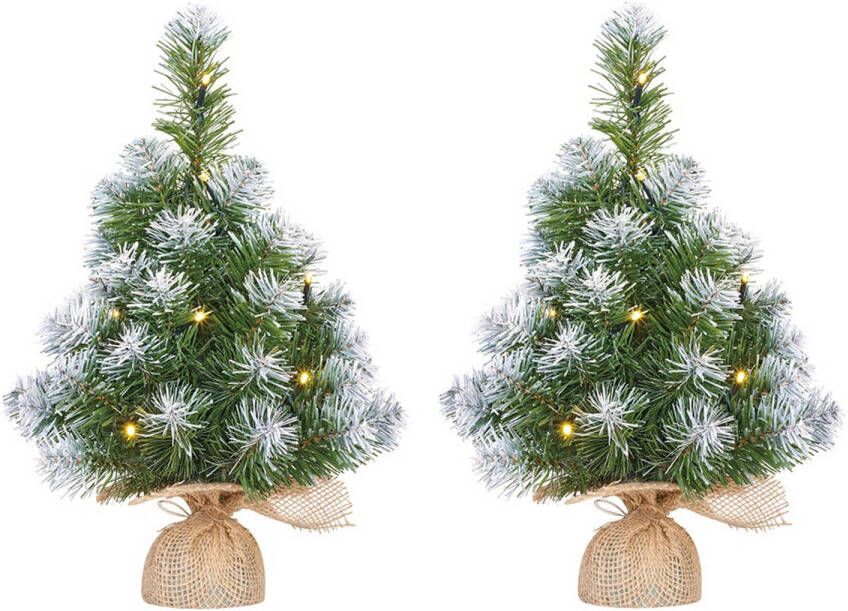 Mica Decorations 2x Mini kunst kerstboom met 10 LED lampjes en sneeuw 45 cm Kunstkerstboom