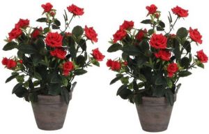 Mica Decorations 2x Rode Rosa rozen kunstplanten 33 cm in grijze pot Kunstplanten