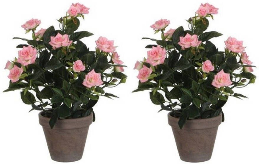 Mica Decorations 2x Roze rozen kunstplanten 33 cm met pot stan grey Kunstplanten