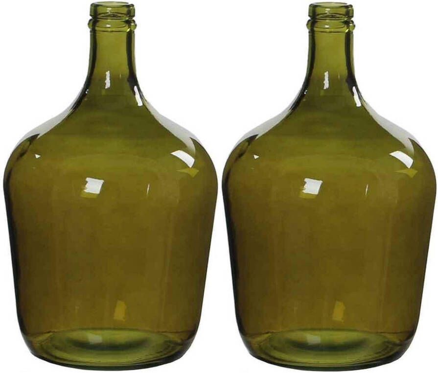 Mica Decorations 2x stuks fles vazen Diego H30 x D18 cm groen gerecycled glas Vazen