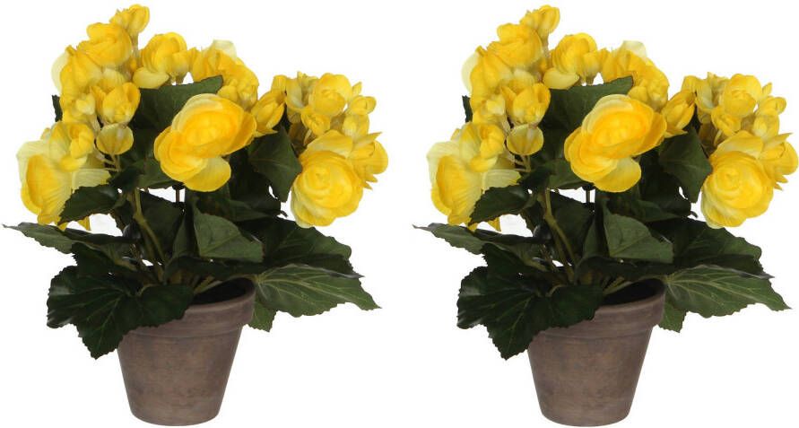 Mica Decorations 2x stuks gele Begonia kunstplant 25 cm in grijze pot Kunstplanten