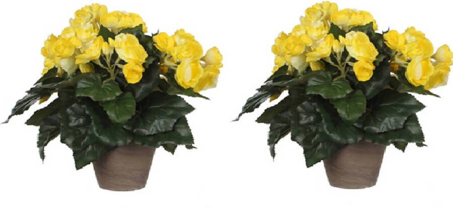 Mica Decorations 2x stuks gele Begonia kunstplant 30 cm in grijze pot Kunstplanten