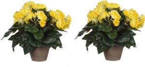 Mica Decorations 2x stuks gele Begonia kunstplant met bloemen 30 cm in grijze pot Kunstplanten nepplanten Voor binnen Kunstplanten