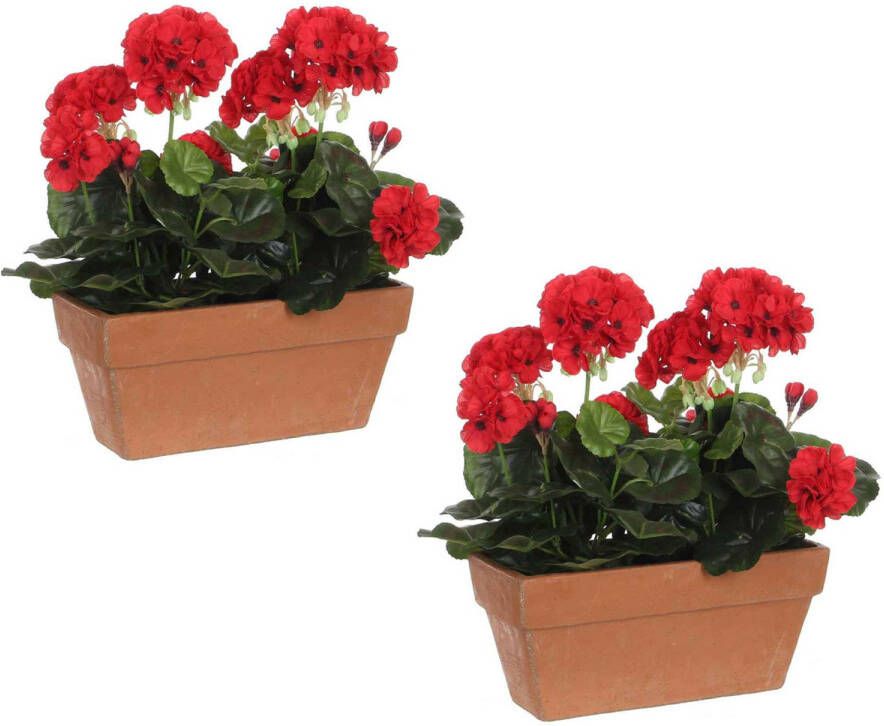 Mica Decorations 2x stuks geranium balkon kunstplanten rood in keramieken pot L29 x B13 x H40 cm Kunstplanten