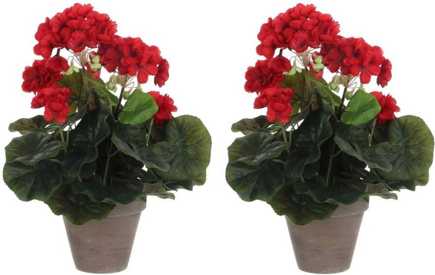 Mica Decorations 2x stuks geranium kunstplanten rood in keramieken pot H34 x D20 cm Kunstplanten nepplanten met bloemen Kunstplanten