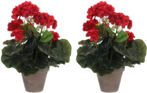 Mica Decorations 2x stuks geranium kunstplanten rood in keramieken pot H34 x D20 cm Kunstplanten nepplanten met bloemen Kunstplanten