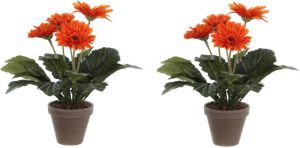 Mica Decorations 2x stuks gerbera kunstplanten oranje in keramiek pot H35 cm Kunstplanten nepplanten met bloemen Kunstplanten