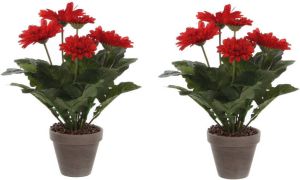 Mica Decorations 2x stuks gerbera kunstplanten rood in keramiek pot H35 cm Kunstplanten nepplanten met bloemen Kunstplanten