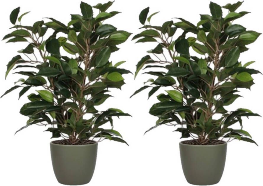 Mica Decorations 2x stuks groene ficus kunstplant 40 cm met plantenpot dennengroen D13.5 en H12.5 cm Kunstplanten