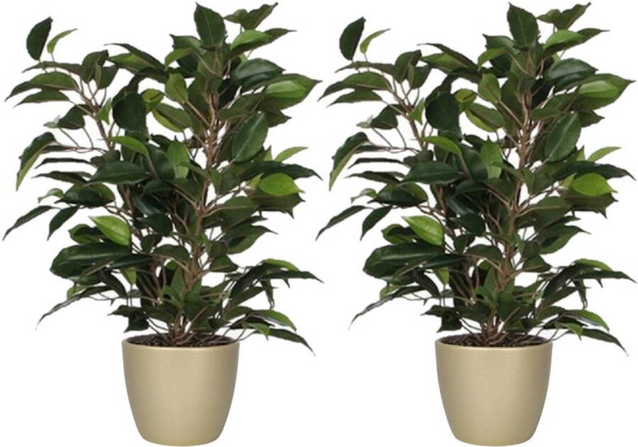 Mica Decorations 2x stuks groene ficus kunstplant 40 cm met plantenpot parelgoud D13.5 en H12.5 cm Kunstplanten