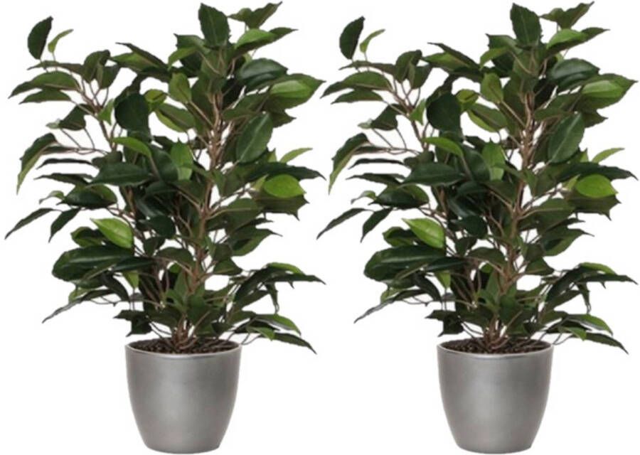 Mica Decorations 2x stuks groene ficus kunstplant 40 cm met plantenpot zilver metallic D13.5 en H12.5 cm Kunstplanten