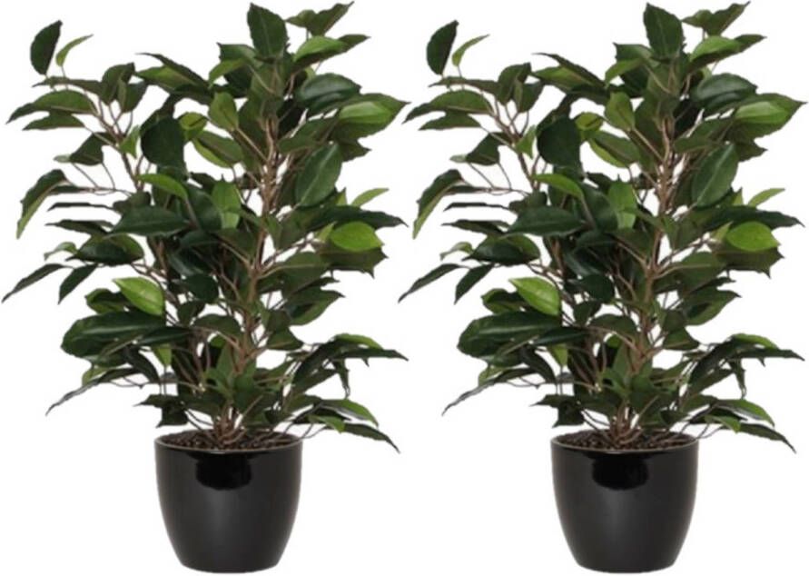 Mica Decorations 2x stuks groene ficus kunstplant 40 cm met plantenpot zwart D13.5 en H12.5 cm Kunstplanten
