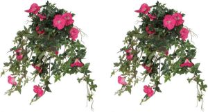 Mica Decorations 2x stuks groene Petunia kunstplant met donkerroze bloemen 50 cm Kunstplanten nepplanten hangplanten Kunstplanten