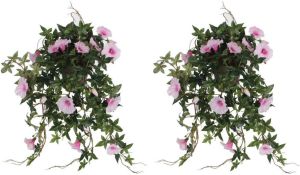 Mica Decorations 2x stuks groene Petunia kunstplant met lichtroze bloemen 50 cm Kunstplanten nepplanten hangplanten Kunstplanten